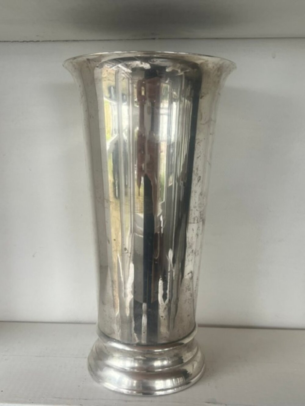 Vintage Silver Plate Trumpet Vase 12” Flared Rim Pedestal Base Flower Urn